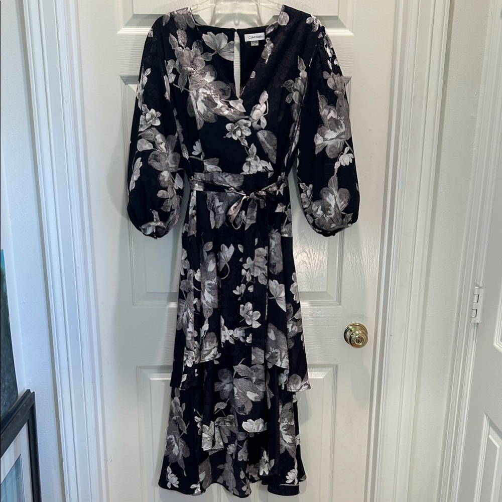 Calvin Klein Floral Faux-Wrap Black and White Dress size 12